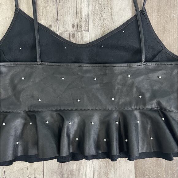 DO+BE Pearl-Studded Crop Top Black Faux Leather Ruffle Hem Y2K Whimsigoth Sz M - Picture 6 of 13
